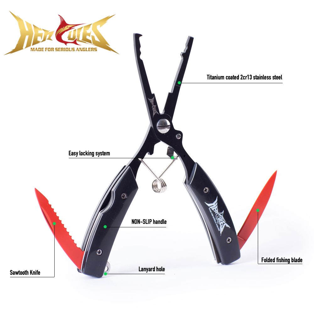 Fishing Hook Sharpener - คีมตกปลา HERCULES พร้อมปลอกและสายคล้อง พร้อมที่ถอดตะขอและที่ตัดสาย พร้อมเครื่องมืออเนกประสงค์แบบพับได้ (6.5